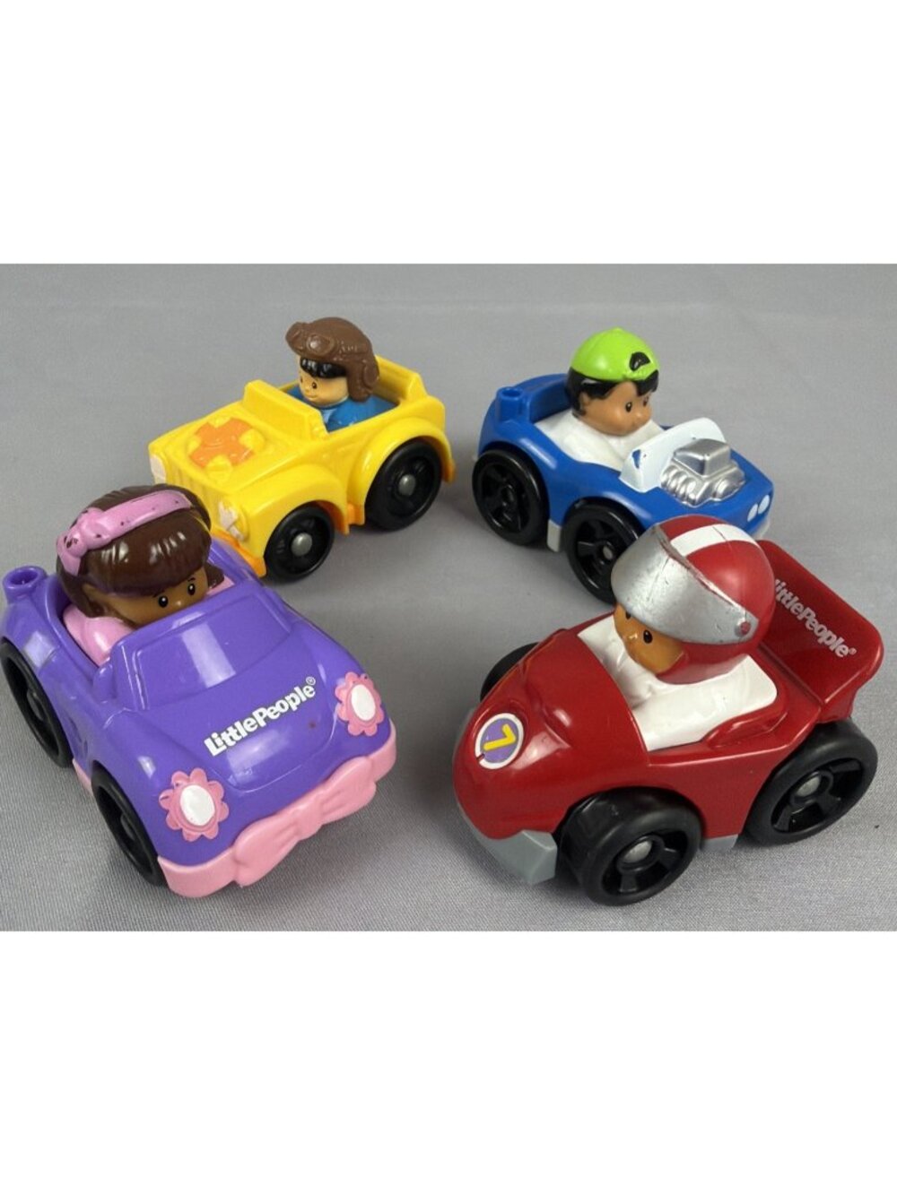 Lot of 4 Fisher Price Little People Wheelies Cars w/ Built-in Figure Purple Red